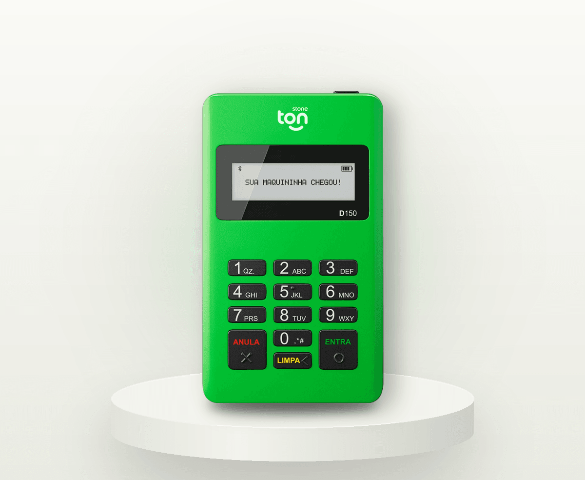 Maquininha Ton T1 verde, de frente, com visor monocromático e teclado numérico