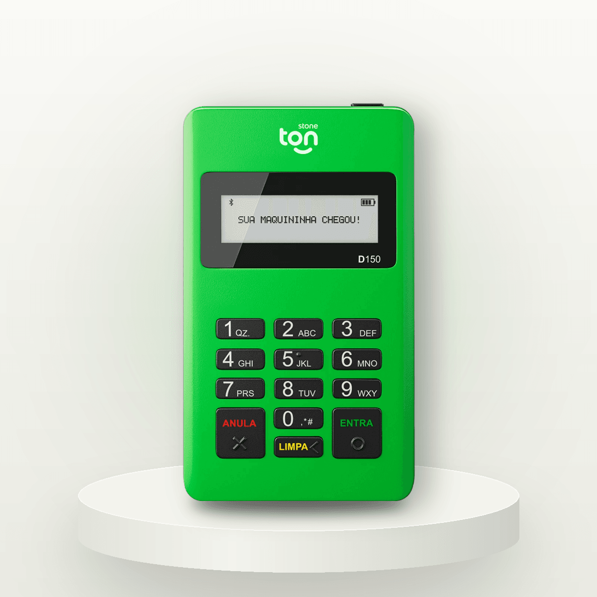 Maquininha Ton T1 verde, de frente, com visor monocromático e teclado numérico