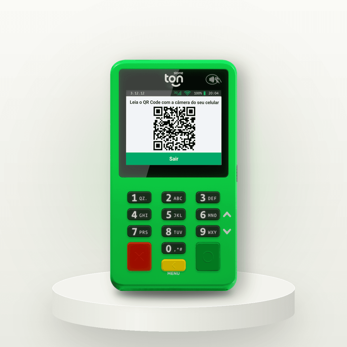 Maquininha Ton T2 verde, de frente, com tela colorida mostrando um QR Code Pix e teclado numérico