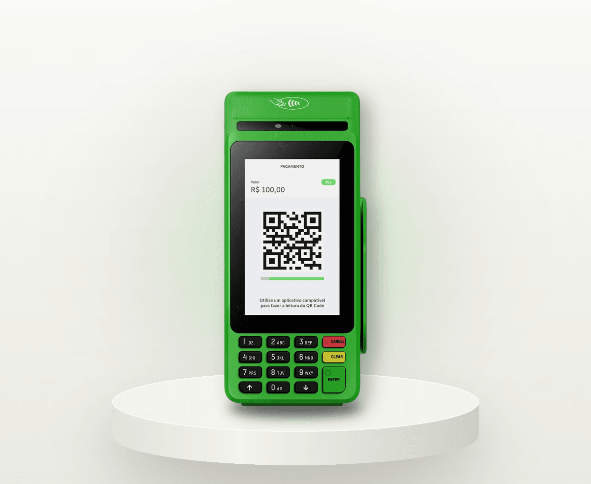Maquininha Ton T3 Smart verde, de frente, com tela grande de toque mostrando um QR Code e teclado físico