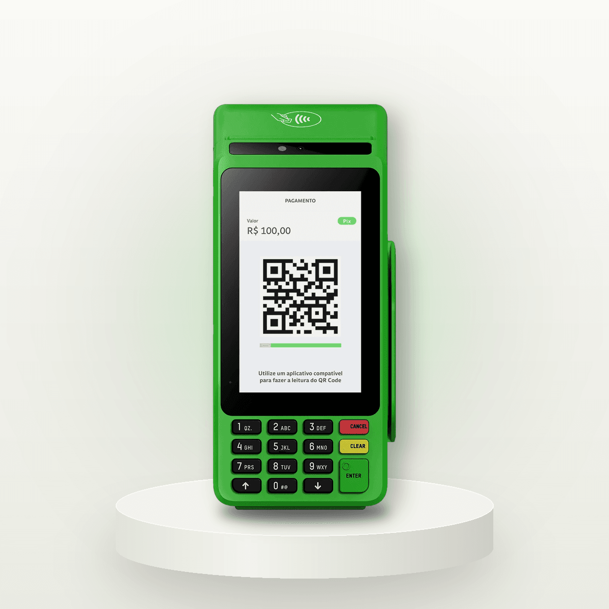 Maquininha Ton T3 Smart verde, de frente, com tela grande de toque mostrando um QR Code e teclado físico