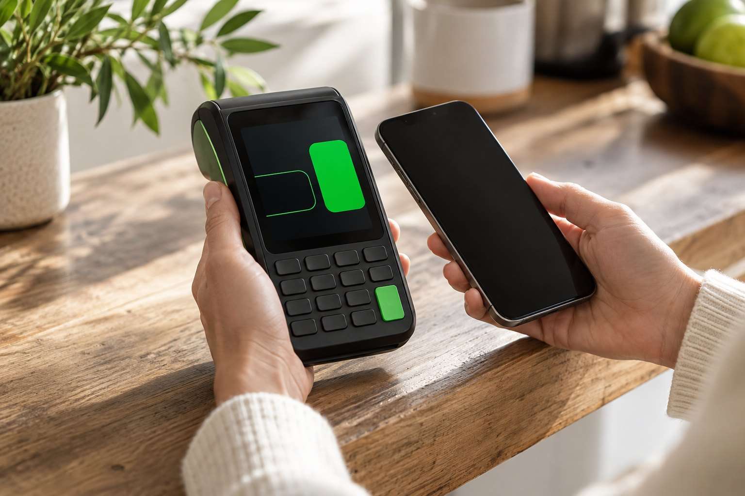 Mãos seguram uma maquininha ao lado de um celular sobre um balcão