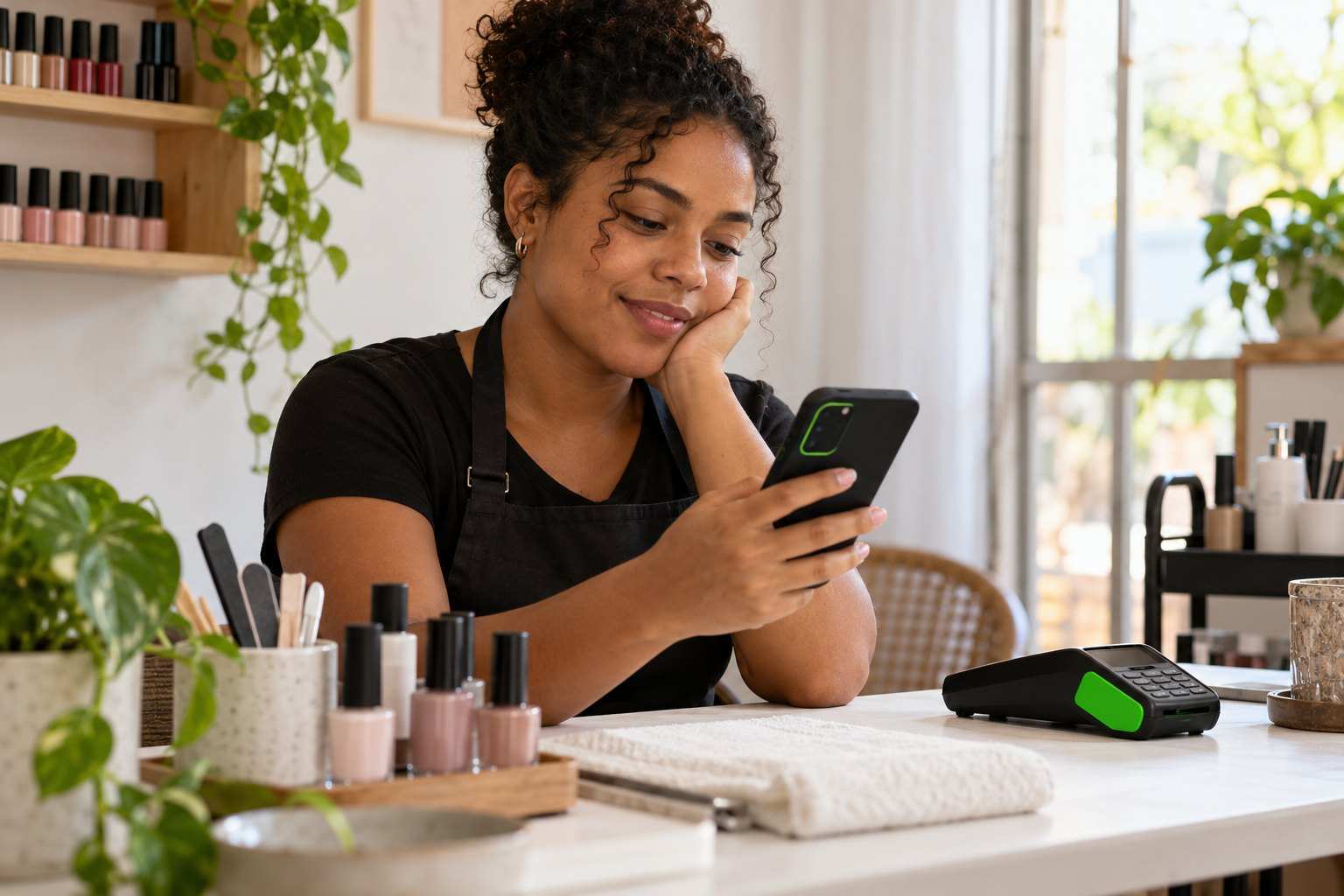 Manicure lê no celular durante uma pausa no salão, com a maquininha sobre a mesa