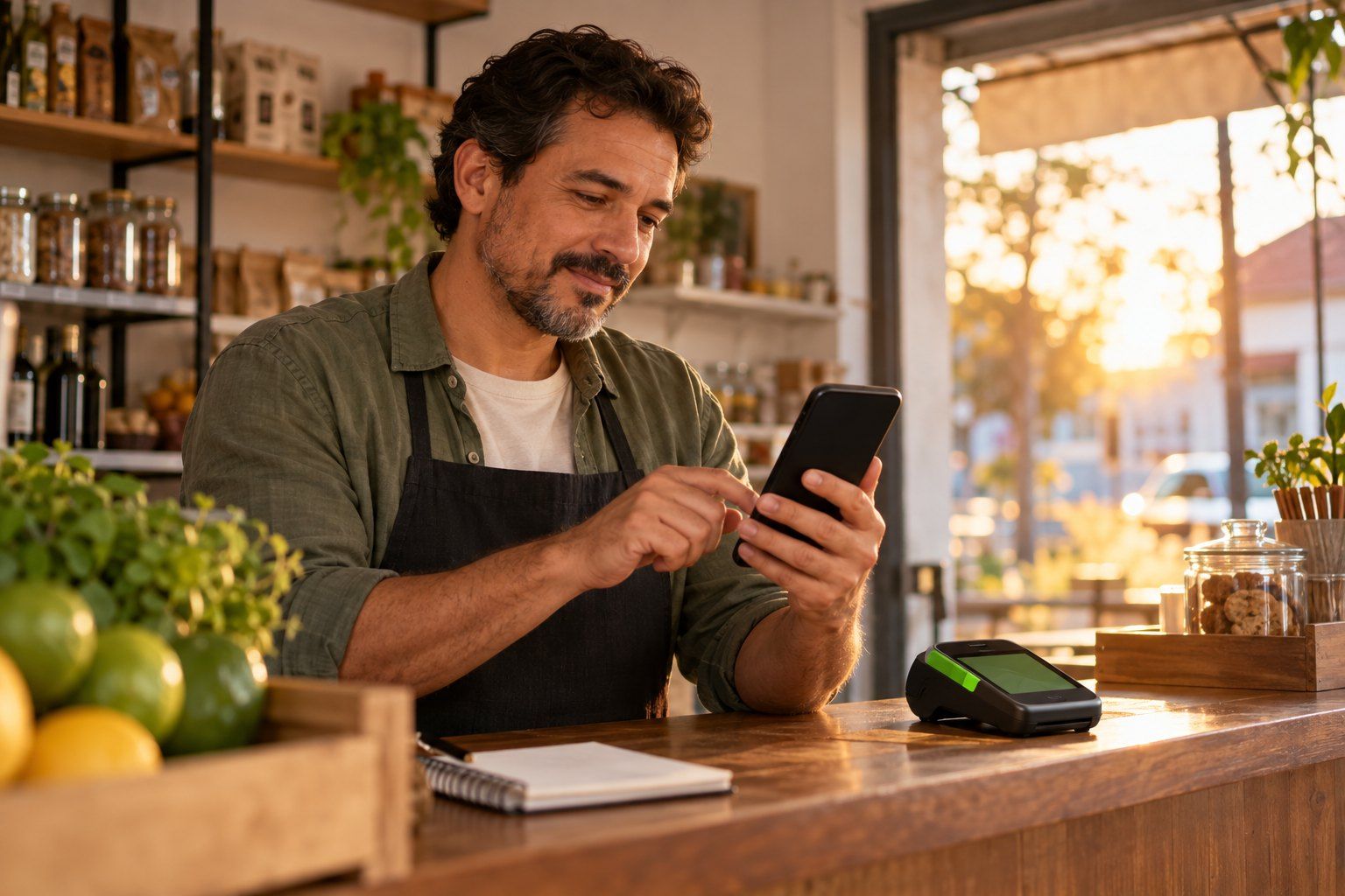 Comerciante confere no celular o resultado das vendas do dia no balcão